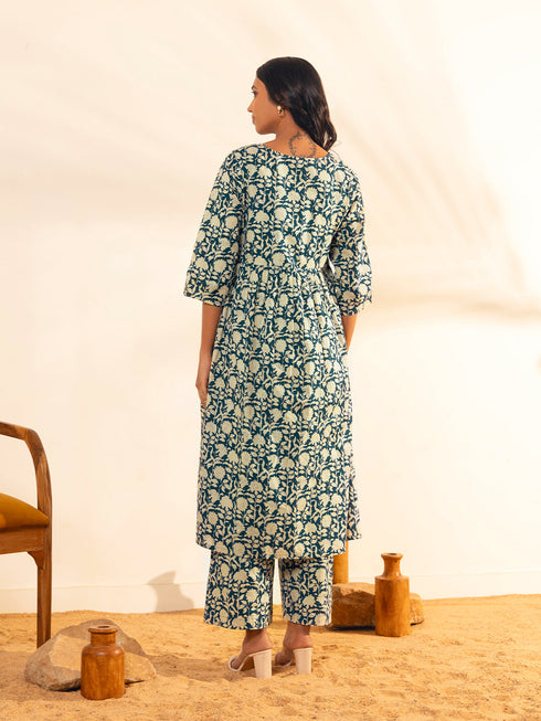 Teal Blue Cotton Floral Printed Kurta with Palazzo